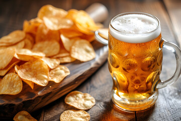 A close-up view of steamed mug of cold beer or ale, with foam the rim of the glass, on a wooden table. With potato chips. dark background in an Irish pub or english pub. bar counter with lights