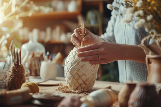 Skilled hands delicately weave wicker creating traditional handicrafts, surrounded by an array of natural materials in a cozy artisan workshop.
