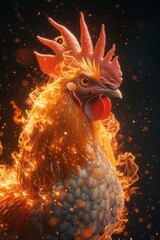 Enchanting Fusion of Rooster and Fire - A Mythical Creature Portrait with Brilliant Flame-Colored Feathers. Experience the Intensity of Burning Embers in a 3D Rendered Artwork - obrazy, fototapety, plakaty