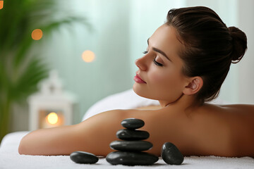 Relaxed young woman enjoying body treatment at wellness center. Yong woman on lastone therapy.