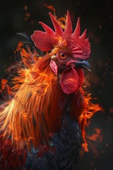 Enchanting Fusion of Rooster and Fire - A Mythical Creature Portrait with Brilliant Flame-Colored Feathers. Experience the Intensity of Burning Embers in a 3D Rendered Artwork