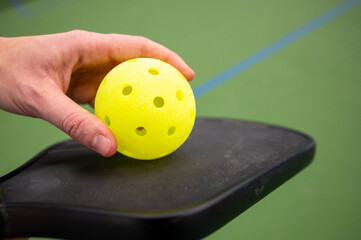 hand holding a pickle ball