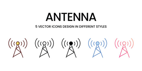 Antenna Icon Design in Five style with Editable Stroke. Line, Solid, Flat Line, Duo Tone Color, and Color Gradient Line. Suitable for Web Page, Mobile App, UI, UX and GUI design.