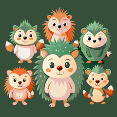 Cute cartoon hedgehog character with different poses. Set of hedgehog. Vector images. EPS version.