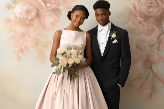 Elegant High School Prom Couple Posing with Flowers, Open Empty Copy Space for Text within a Poster, Invitation or Announcement, Fill in the blank, Horizontal Landscape
