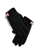 Close-up of a black short touchscreen gloves decorated with a pink bow. A pair of warm women's gloves, lying one on the other, is isolated on white background. Top view.