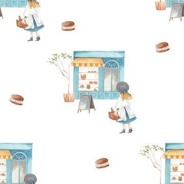 Seamless pattern of bakery shop, little girl with loaf, basket and table with tree outside. Watercolor hand drawn illustration surface design. Transparent png background.