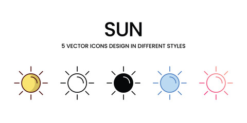 Sun Icon Design in Five style with Editable Stroke. Line, Solid, Flat Line, Duo Tone Color, and Color Gradient Line. Suitable for Web Page, Mobile App, UI, UX and GUI design.