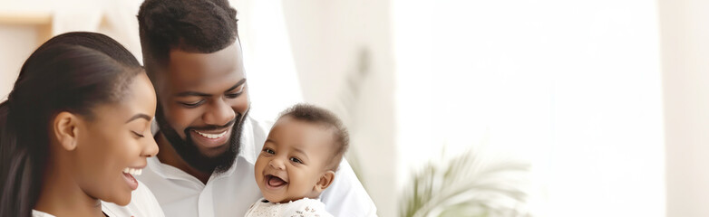 Happy African family with baby smiling at home, expressing joy and togetherness, with natural light and soft background, in a candid moment. Reproductive health, IVF.