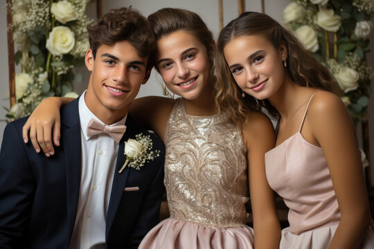 Elegant High School Friends Celebrating Spring Formal Prom Together