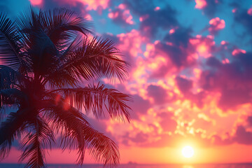 Fototapeta na wymiar Tropical palm tree with colorful bokeh sun light on sunset sky cloud abstract background