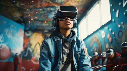 generated illustration of excited child or kid wearing VR headset with a big smile on face,