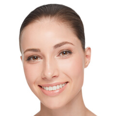 Obraz premium Dermatology, portrait and happy woman with beauty from skincare or headshot in white background. Studio, model and girl with perfect teeth and skin from healthy treatment or makeup from cosmetics
