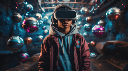 Obraz premium generated illustration of excited child or kid wearing VR headset with a big smile on face,