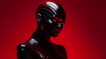 Girl cyborg cobra in a black leather suit made of scales on a red background. Fashion horror design. - 729531686