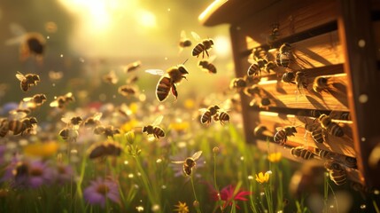 Honey bees flying around a wooden beehive amidst a vibrant field of wildflowers in golden sunlight.
