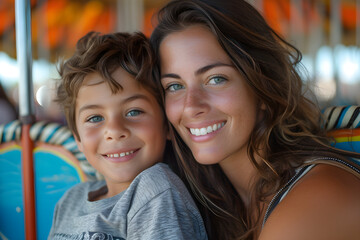 Close-up portrait of a beautiful woman and her son riding an amusement park ride, cheerful, smiling mother and boy relaxing and enjoying time, shared leisure and entertainment strengthens family ties.