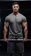 Fototapeta na wymiar A muscular man in a grey shirt and shorts holds a barbell in a dark gym.