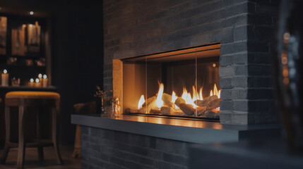 Nice fireplace with fire in a modern house. Created with AI.