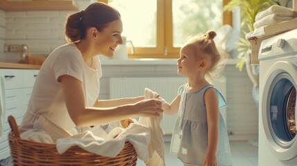 Smile European woman sitting in front of a washing machine to her cute daughter to smell after cleaning it in a laundry room at home.