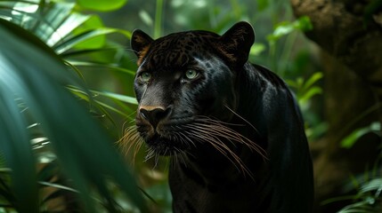 Naklejka na ściany i meble Black panther in the rainforest, 4k wallpaper - beautiful panther hd