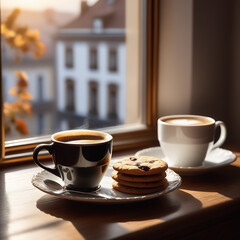 A cup of fragrant fresh coffee and a saucer with cookies stand on the window against the background of the beautiful city outside the window