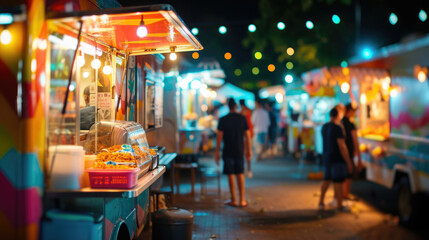 Vibrant evening street food market scene with illuminated food trucks and bustling crowd of customers, embodying urban nightlife.