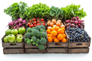 A display of fresh organic produce like fruits and vegetables isolated