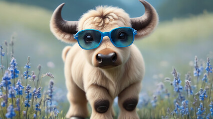 Scottish highland baby cow with sunglasses in field