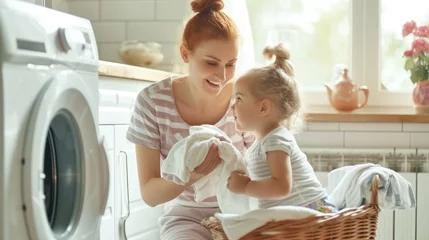 Poster Smile European woman sitting in front of a washing machine to her cute daughter to smell after cleaning it in a laundry room at home. © inthasone