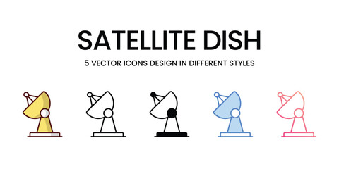 Satellite Dish Icon Design in Five style with Editable Stroke. Line, Solid, Flat Line, Duo Tone Color, and Color Gradient Line. Suitable for Web Page, Mobile App, UI, UX and GUI design.