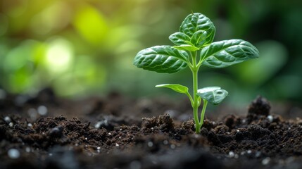 Close up green seedling growing on fertile soil with blurred nature background. Generative AI