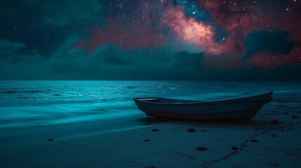 
Boat on the beach in the night wallpaper background landscape boating wallpaper with dreamy look. Generative AI.