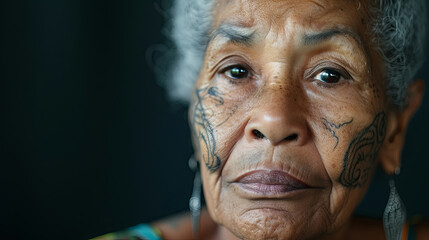 African American senior woman with a unique facial tattoo