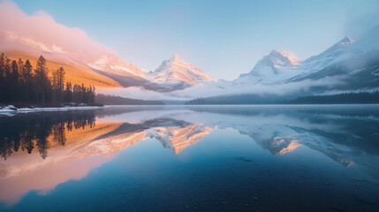 Fototapeta na wymiar A mesmerizing image of a crystal-clear mountain lake reflecting the snow-capped peaks at dawn.