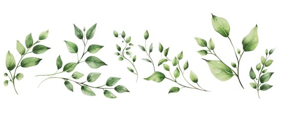 Floral leaves drawn with summer branches isolated white background. AI generated image