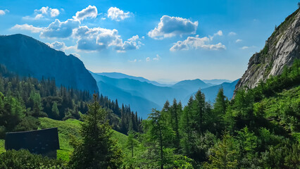 Idyllic alpine meadow of Hauslalm with scenic view of Muerztal valley, Hochschwab mountains, Styria, Austria. Wanderlust in wilderness of Austrian Alps, Europe. Hiking trail in Obersteiermark, summer