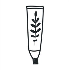 Hand drawn tube of skin care cream. Cosmetics Lotion Drawing concept. Cosmetics tube icon. Doodle line art illustration. 