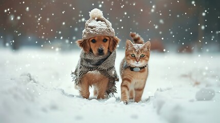 A cute puppy and cat in cozy winter clothes walks in a snowy winter park