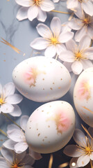 White Easter eggs with gold splashes among gentle white flowers. Easter greeting card background, phone wallpaper, stories backdrop