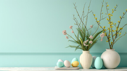 Spring Easter composition of colored eggs in pastel colors and flowers, AI generated illustration