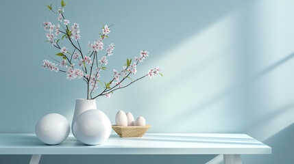 Easter composition of eggs and cherry bloom flowers with a beautiful sunlight, AI generated illustration