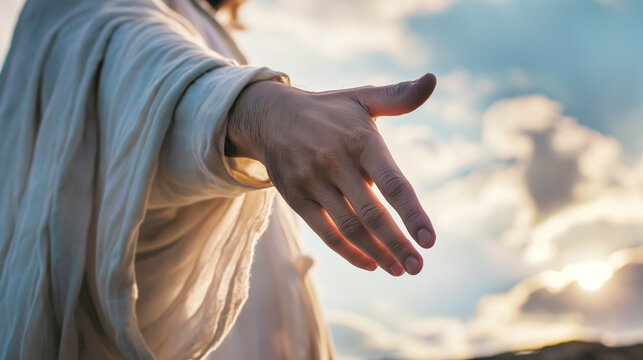 Jesus Christ in white clothes extends his hand to you against the sky as a symbol of Christianity