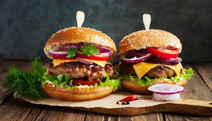 two mouth watering delicious homemade burger used to chop beef on the wooden table