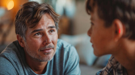 Attentive father listening to his son in a close, meaningful family discussion.