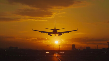 The plane is landing at the airport at sunset. The runway. The silhouette of an airplane.