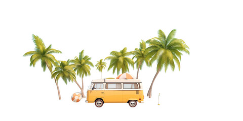 3d illustration van on the beach island travel vacation tourist summer holiday idea concept, isolated on transparent background.