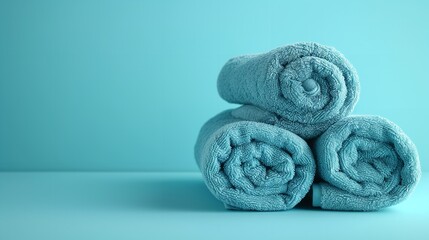 Blue spa towels with a blue backdrop in a empty space, Generative AI.