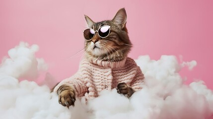 adorable cat in trendy sunglasses and clothes sitting on artificial clouds against pink background