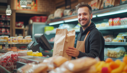 Portrait of happy smiling caucasian man business owner dressed in uniform and apron next to counter with paper bag with food in cozy grocery shop. Successful people, shopkeeper work, recycling concept